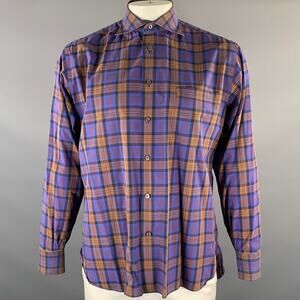LORENZI Size XL Purple Brown Plaid Cotton Spread Collar Long Sleeve Shirt